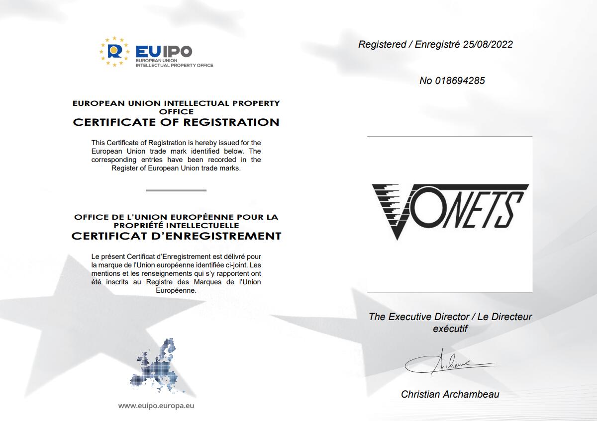 VONETS European Union Trademark Certificate  